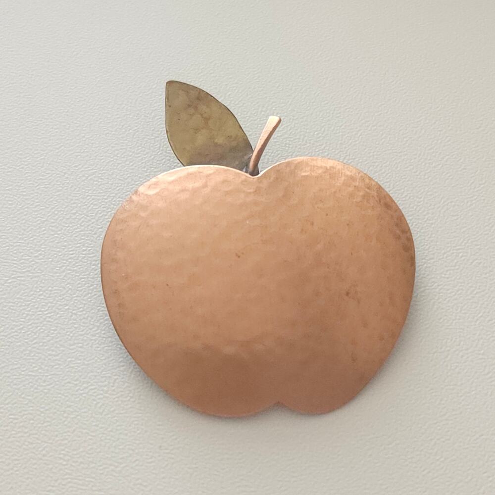 Vintage Hammered Copper Apple Brooch Brass Leaf Rustic Artisan Teacher Lapel Pin